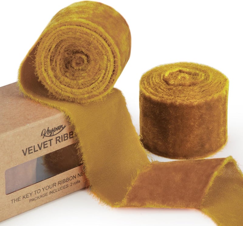 Keypan Gold Velvet Ribbon for Christmas 1-1/2 Inch Wide Handmade Fringe Fabric Ribbons for Gift Wrapping, Baby Shower, Flower Bouquet, 3 Ydars - Image 1